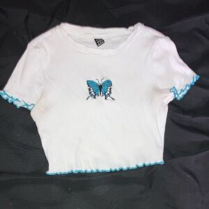 SHEIN White and Blue Butterfly Crop Top